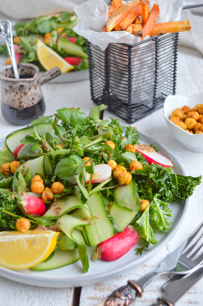 Vegan gluten free kale salad with roasted chickpeas