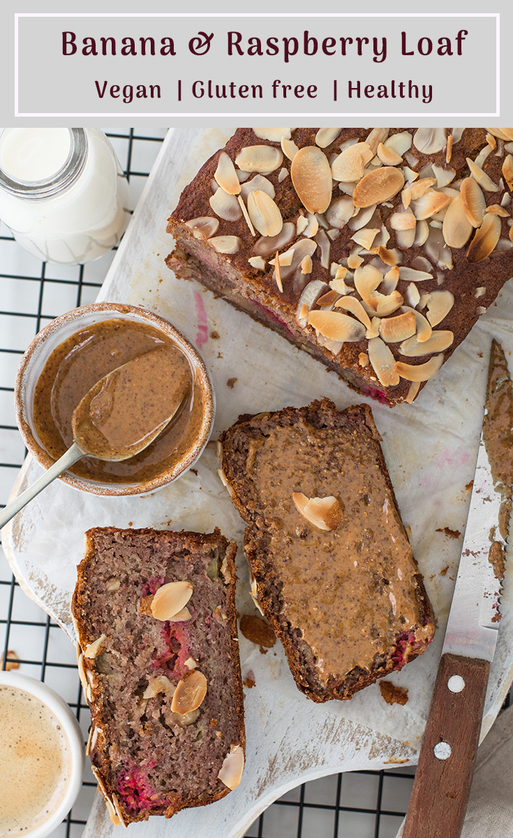 sliced banana & raspberry loaf slices topped with nut butter