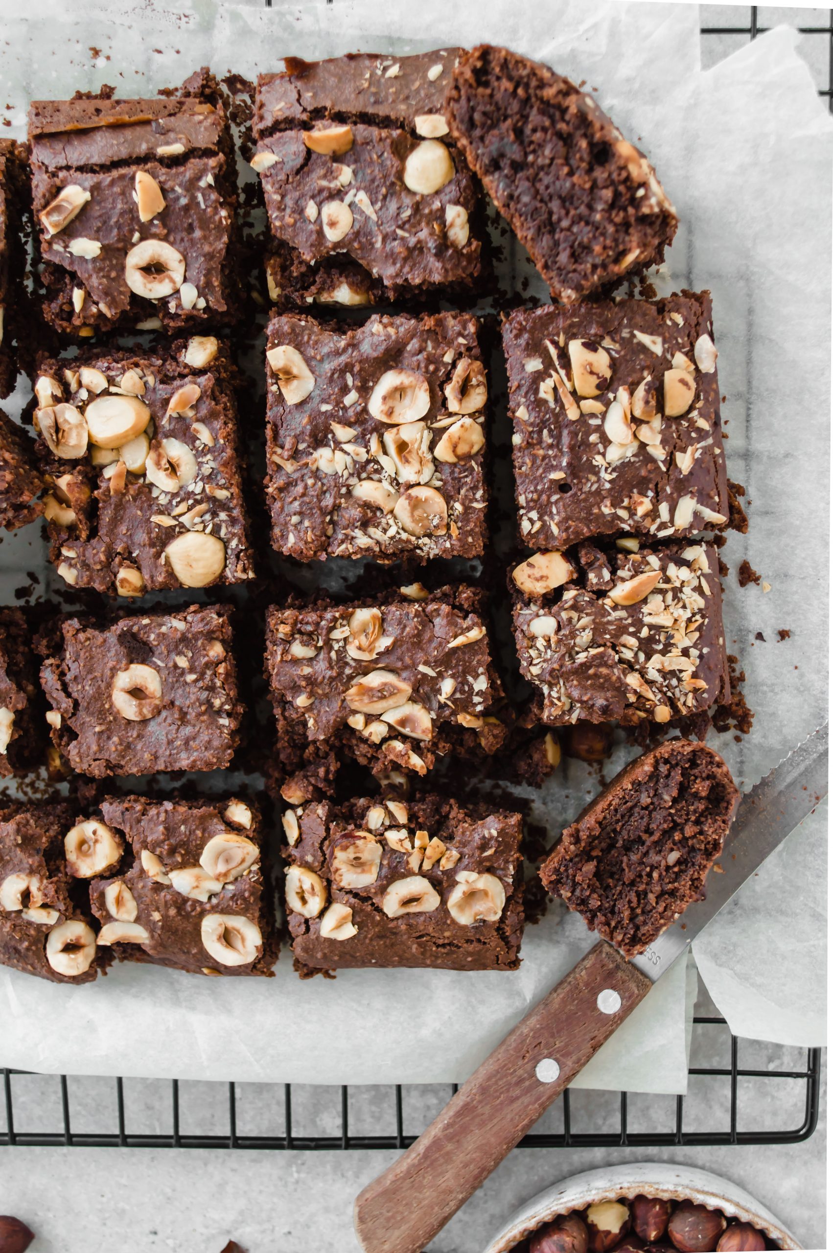 Chocolate brownies with hazelnuts top down view 
