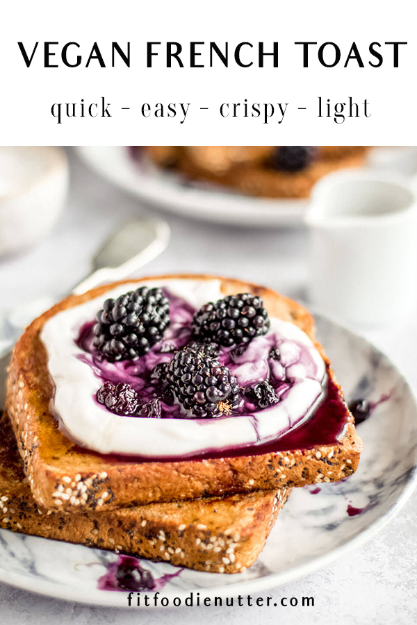Vegan French toast with yoghurt and berry compote on a grey plate 