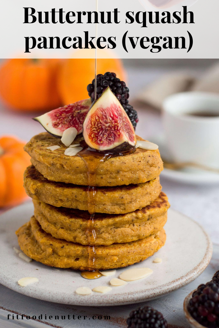 Butternut squash pancakes stack with pouring maple syrup  - Fit Foodie Nutter