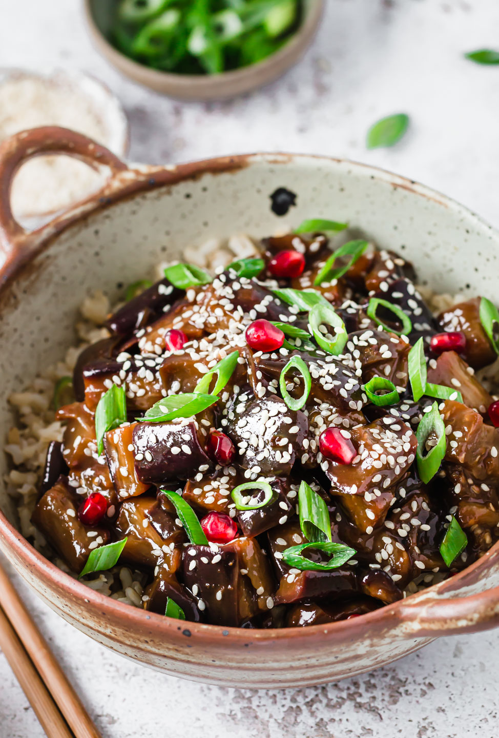 A bowl with vegan sticky aubergine & rice – Fit Foodie Nutter
