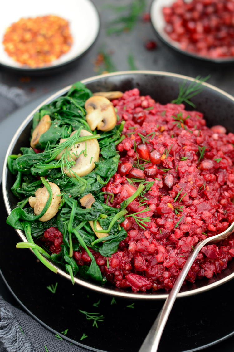 Beetroot & buckwheat risotto with mushrooms and spinach 