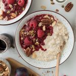 Overnight oats with plum & raspberry compote