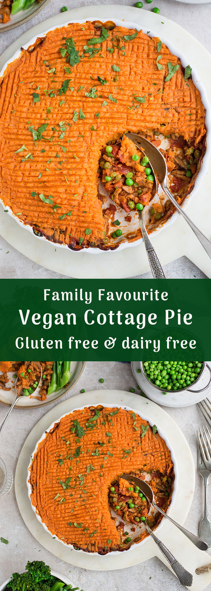 Vegan cottage pie & sweet potato mash in a round white dish