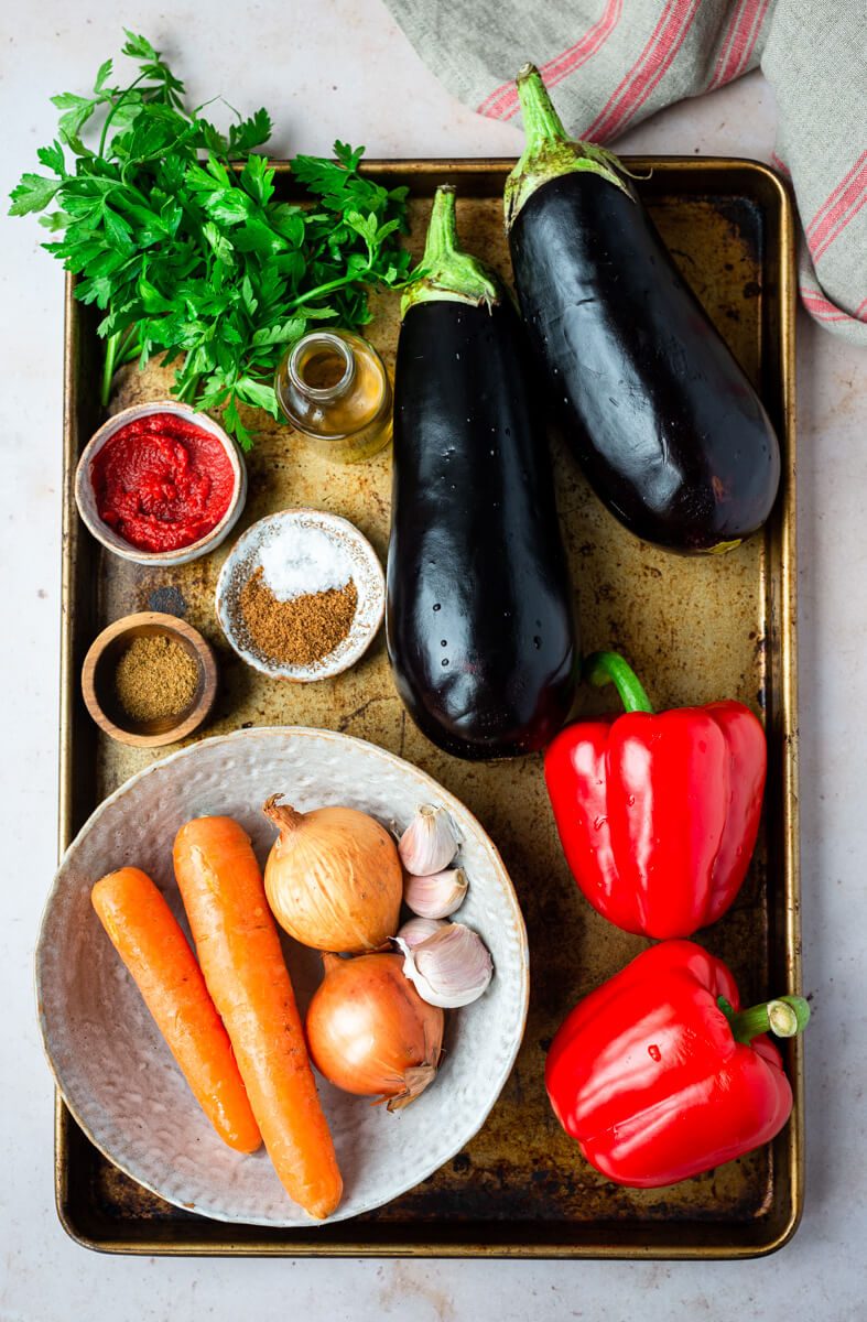 Ingredients for aubergine & red pepper dip 