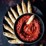 WITCHES’ FINGERS BREADSTICKS WITH ‘BLOODY’ RED PEPPER DIP