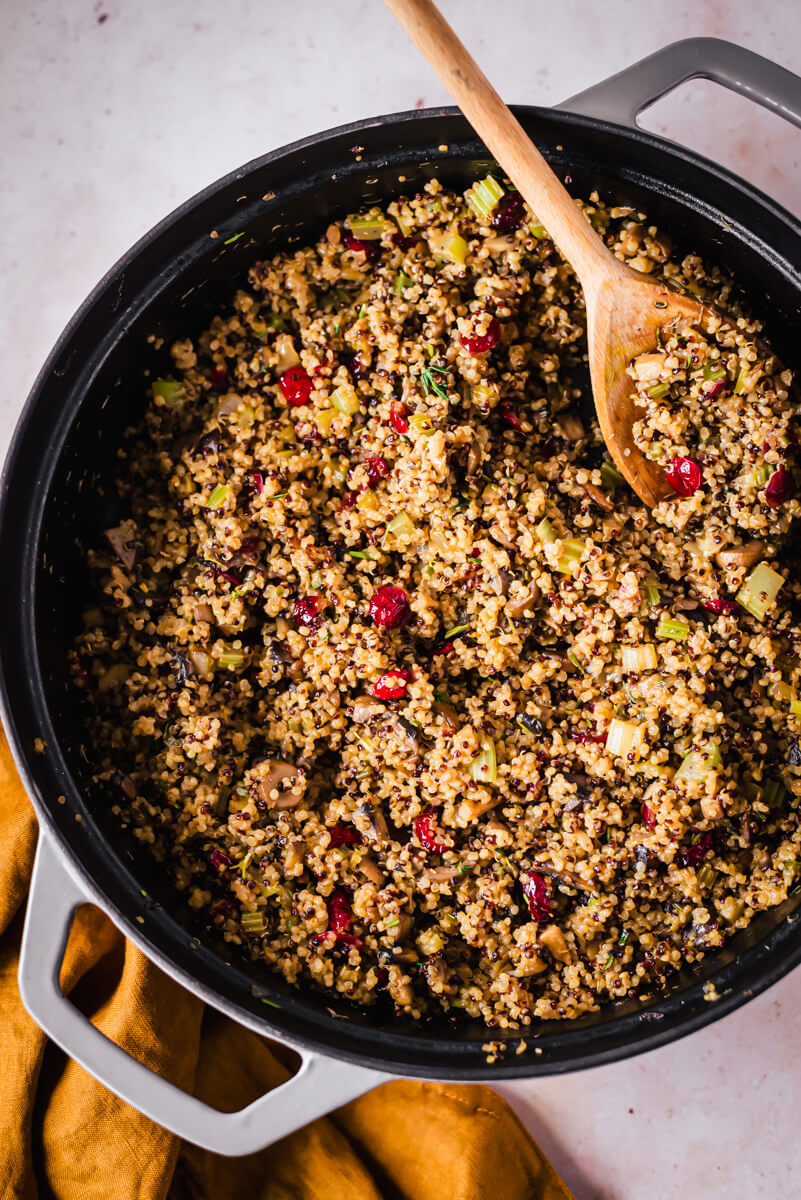 Overhead view of vegan quinoa stuffing in a pan
