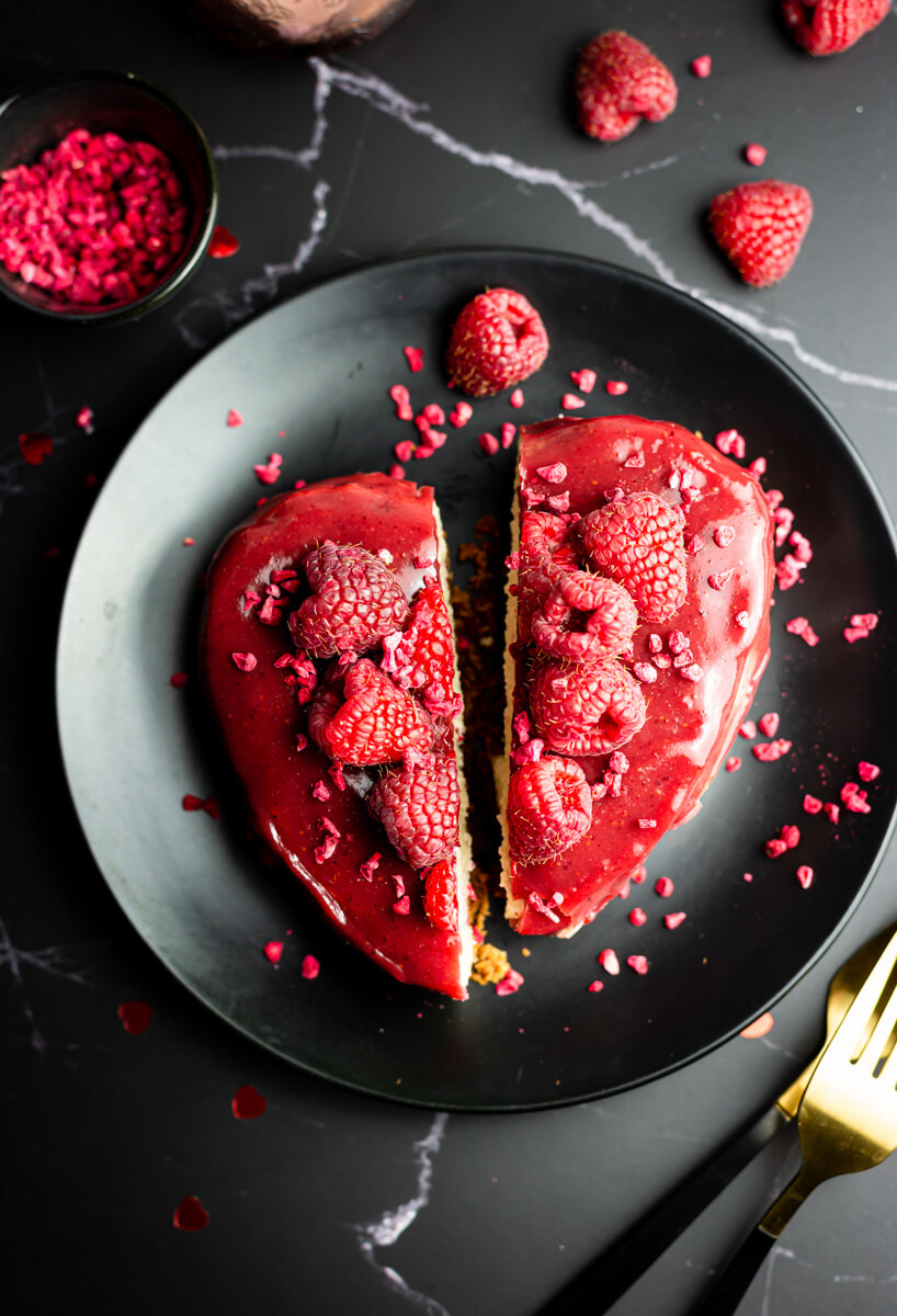 Heart-shaped vegan Valentine’s cheesecake cut in half